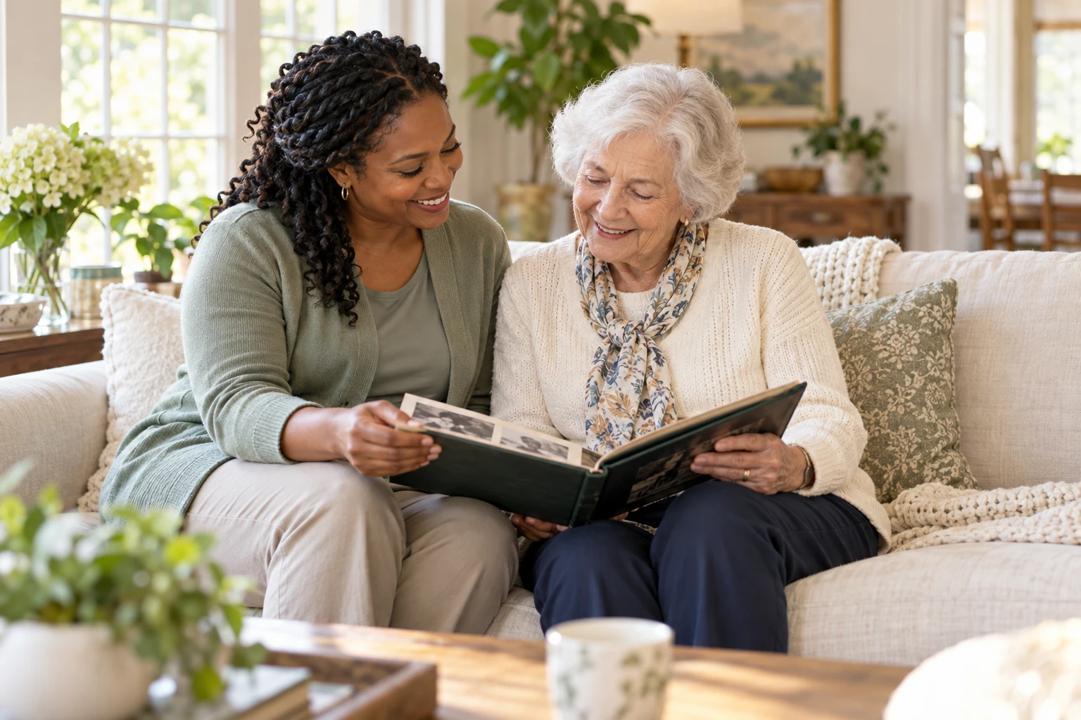 Illustrative photograph of a caregiver sharing a photo album with an older woman at home