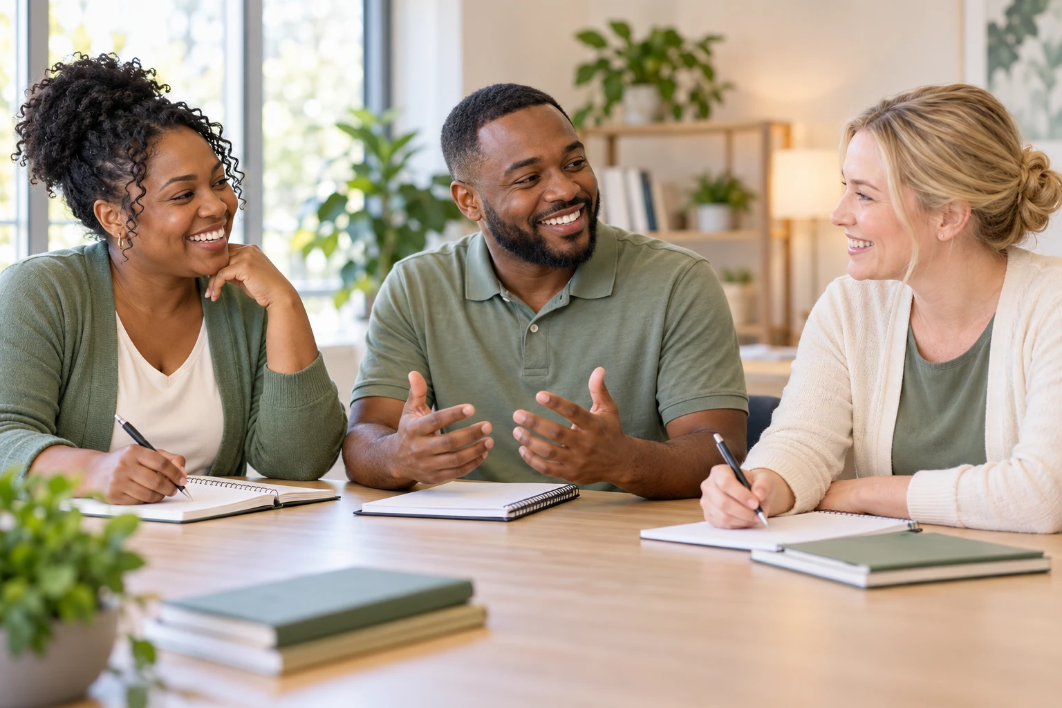 Illustrative photograph of three caregivers collaborating in a bright training room
